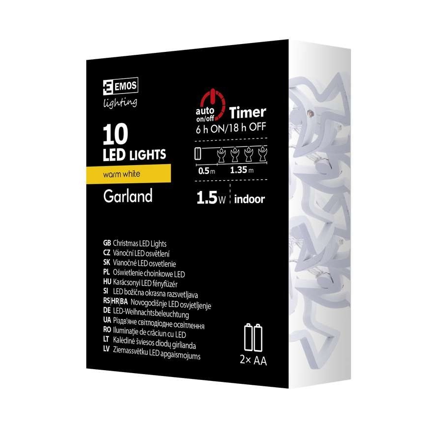 LED-lichtsnoer CHAIN 10x LED / 2x AA-batterijen 1,85 m warm wit