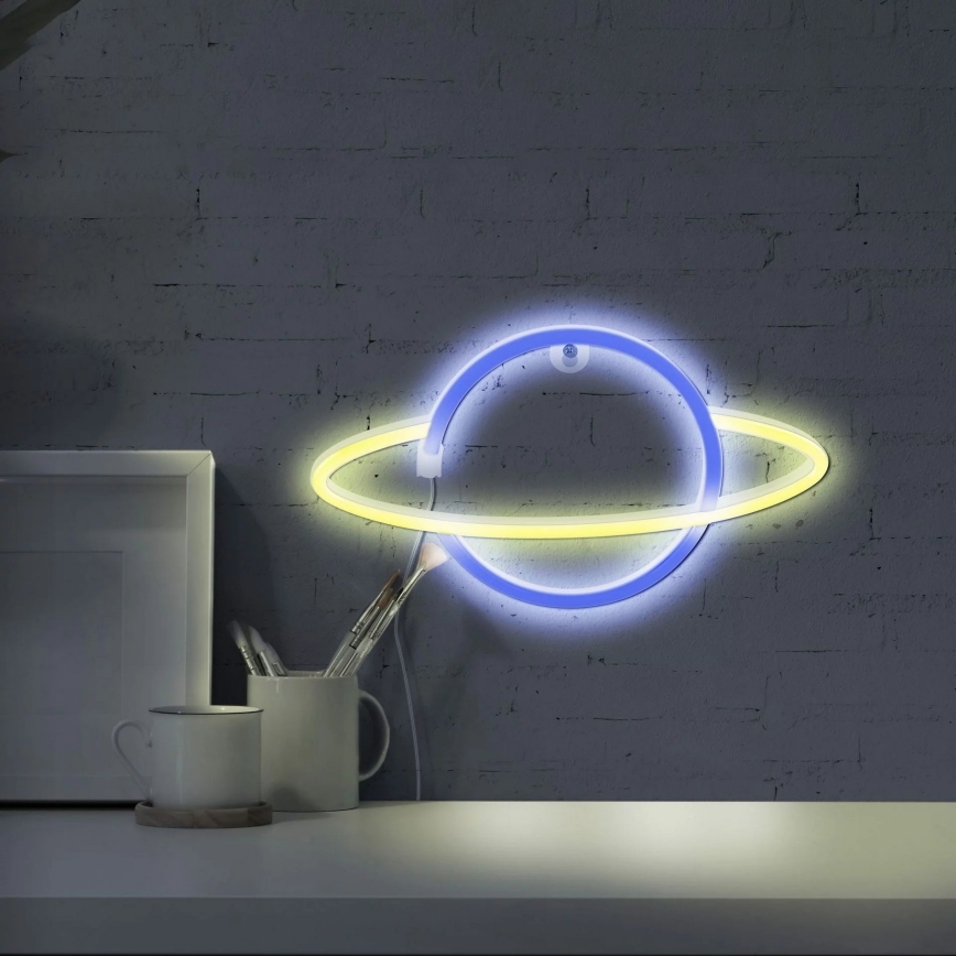 LED Neon-wanddecoratie PLANET LED/3W/3xAA USB blauw/geel