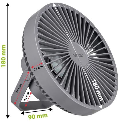 LED Oplaadbaar tafel ventilator met LED-verlichting LED/2W/5V USB 2400 mAh grijs