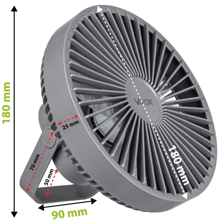LED Oplaadbaar tafel ventilator met LED-verlichting LED/2W/5V USB 2400 mAh grijs