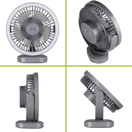 LED Oplaadbaar tafel ventilator met LED-verlichting LED/3W/5V USB 2400 mAh grijs