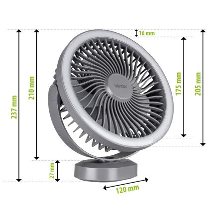LED Oplaadbaar tafel ventilator met LED-verlichting LED/3W/5V USB 2400 mAh grijs