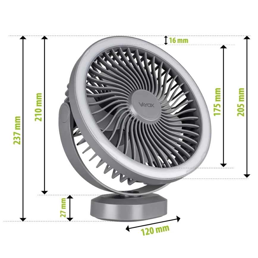 LED Oplaadbaar tafel ventilator met LED-verlichting LED/3W/5V USB 2400 mAh grijs