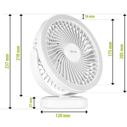 LED Oplaadbaar tafel ventilator met LED-verlichting LED/3W/5V USB 2400 mAh wit