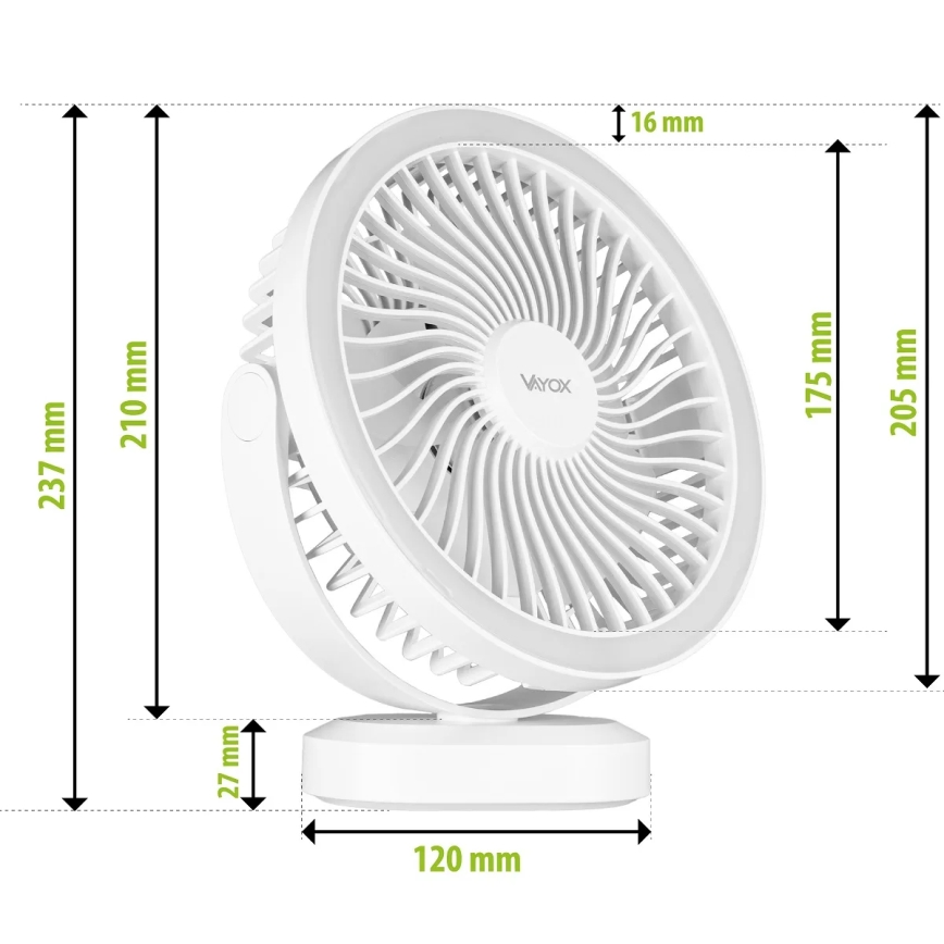 LED Oplaadbaar tafel ventilator met LED-verlichting LED/3W/5V USB 2400 mAh wit