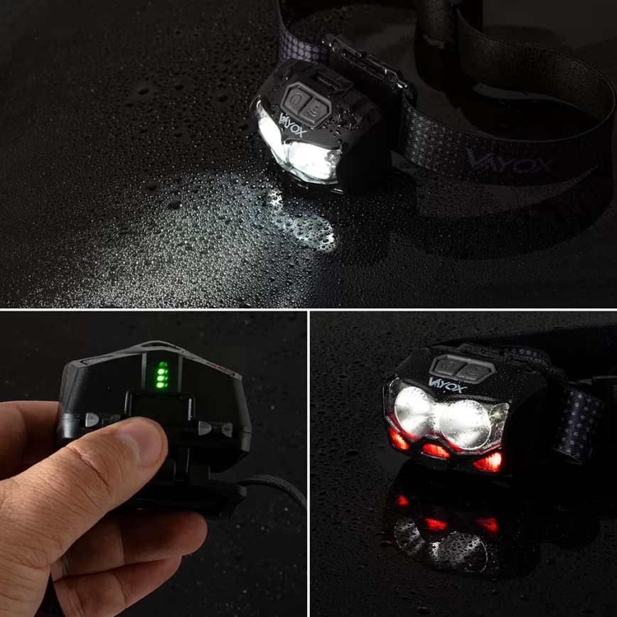 LED Dimbaar oplaadbaar hoofdlamp met sensor en rood licht 2xLED/5W/5V/3xAAA IP65 500 glanzend 1200 mAh