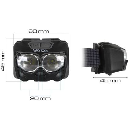 LED Dimbaar oplaadbaar hoofdlamp met sensor en rood licht 2xLED/5W/5V/3xAAA IP65 500 glanzend 1200 mAh