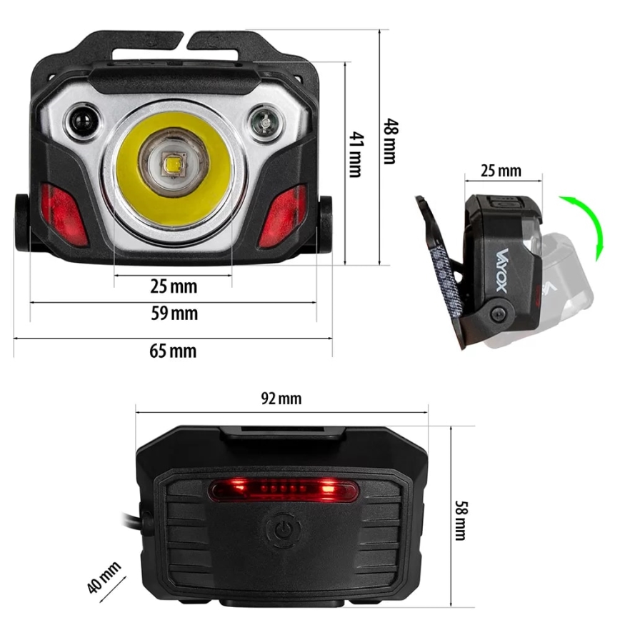 LED Dimbaar oplaadbaar hoofdlamp met sensor met powerbankfunctie en rood licht LED/10W/5V IP44 1200 glanzend 4000 mAh