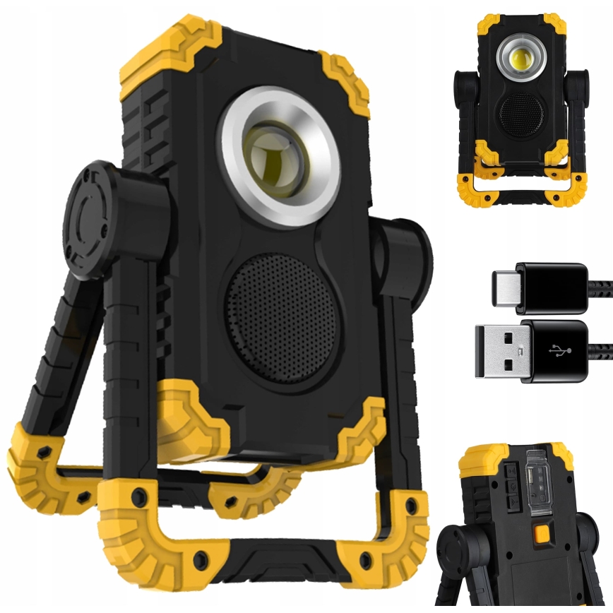 Oplaadbare LED-schijnwerper met luidspreker en powerbankfunctie LED/10W/5V 4400 mAh IP44 zwart/geel