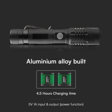 LED Oplaadbare zaklamp USB LED/10W/5V IP54 2000 mAh 1000 glanzend
