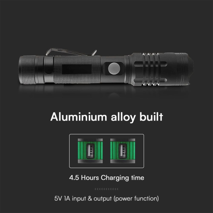 LED Oplaadbare zaklamp USB LED/10W/5V IP54 2000 mAh 1000 glanzend