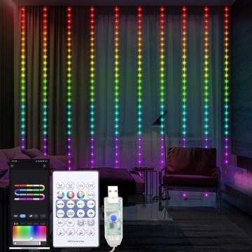 LED RGB Dimbaar Kerst gordijn WIZARD 300xLED/USB 3x3m + afstandsbediening
