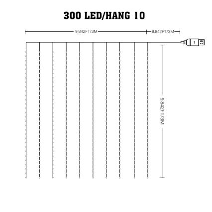 LED RGB Dimbaar Kerst gordijn WIZARD 300xLED/USB 3x3m + afstandsbediening