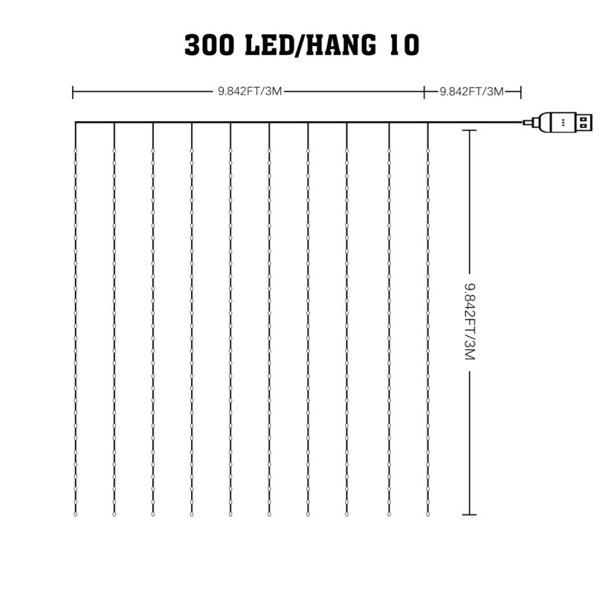 LED RGB Dimbaar Kerst gordijn WIZARD 300xLED/USB 3x3m + afstandsbediening