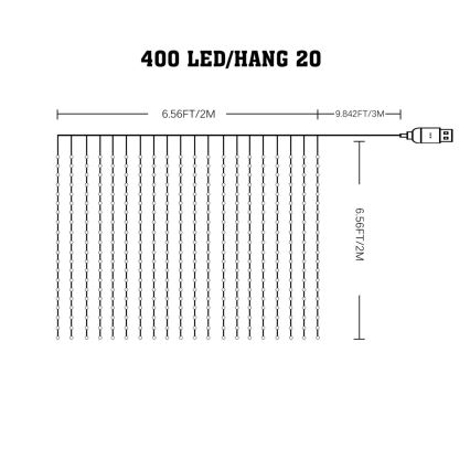 LED RGB dimbaar lichtgordijn WIZARD 400xLED/USB 2x2m + afstandsbediening