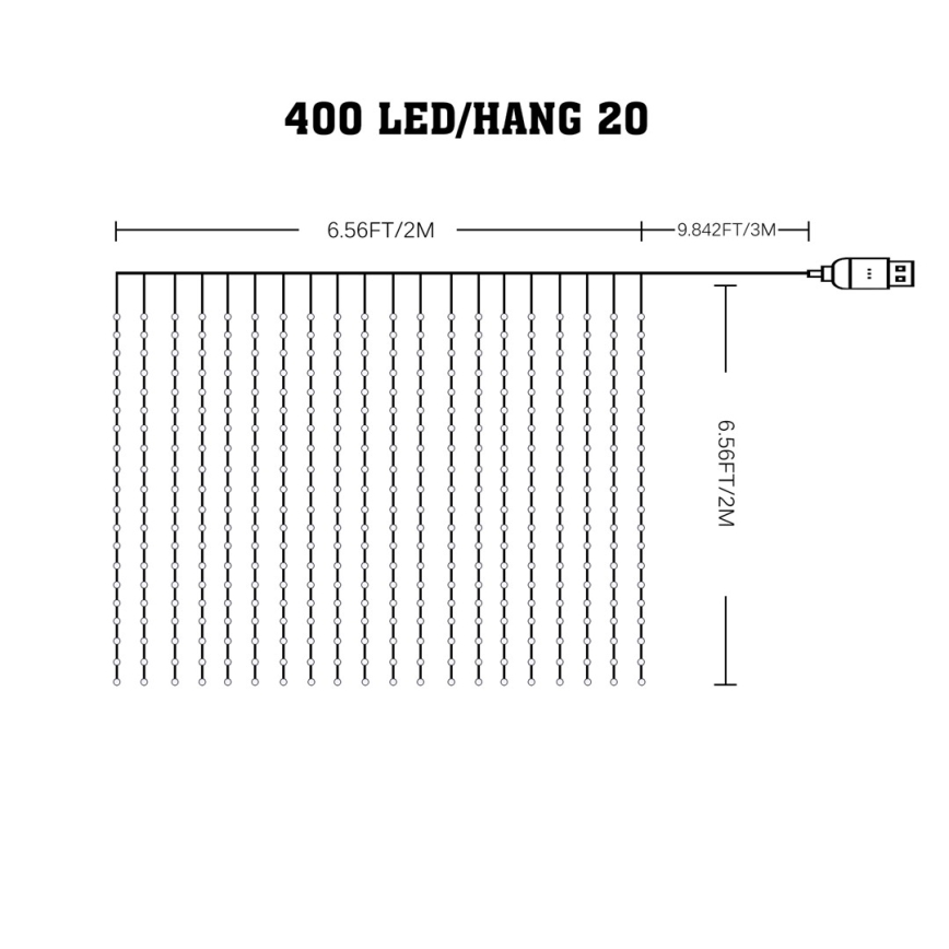 LED RGB dimbaar lichtgordijn WIZARD 400xLED/USB 2x2m + afstandsbediening