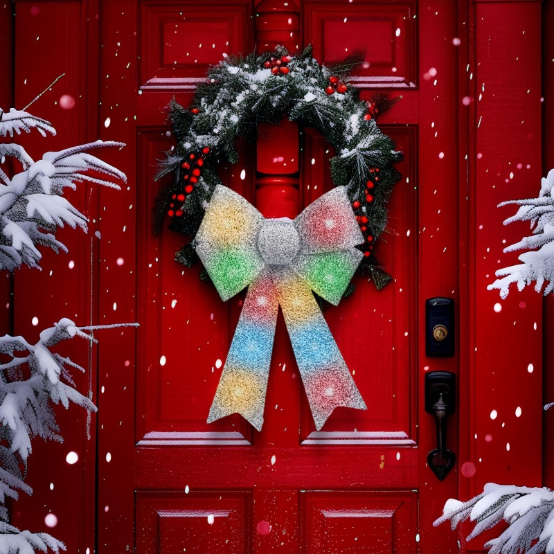 LED RGB kerstdecoratie 11xLED/3xLR44 40x30 cm zilverkleurige strik