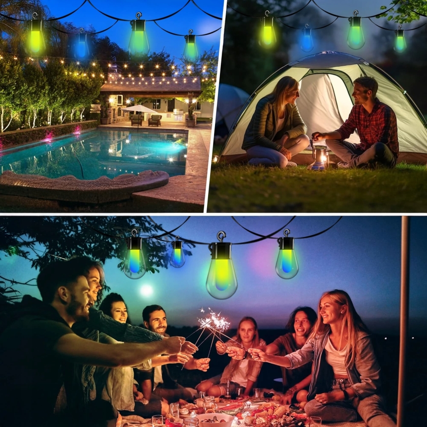 Dimbare RGB-LED decoratieve lichtsnoer op zonne-energie 15xLED/18 functies USB 6 m IP44 zwart + afstandsbediening