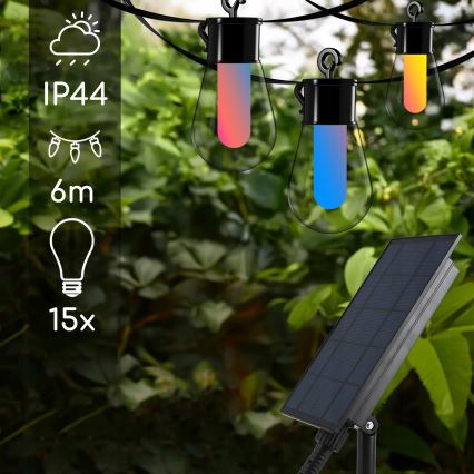 Dimbare RGB-LED decoratieve lichtsnoer op zonne-energie 15xLED/18 functies USB 6 m IP44 zwart + afstandsbediening