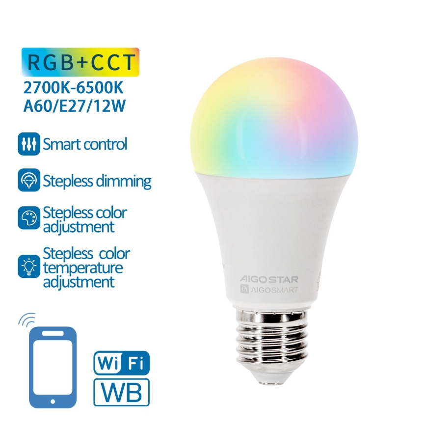 LED RGBW dimbare lamp A60 E27/12W/230V 2700-6500K Wi-Fi - Aigostar