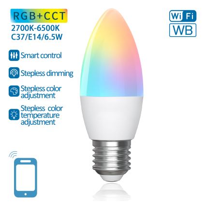 LED RGBW dimbare lamp C37 E27/6,5W/230V 2700-6500K Wi-Fi - Aigostar