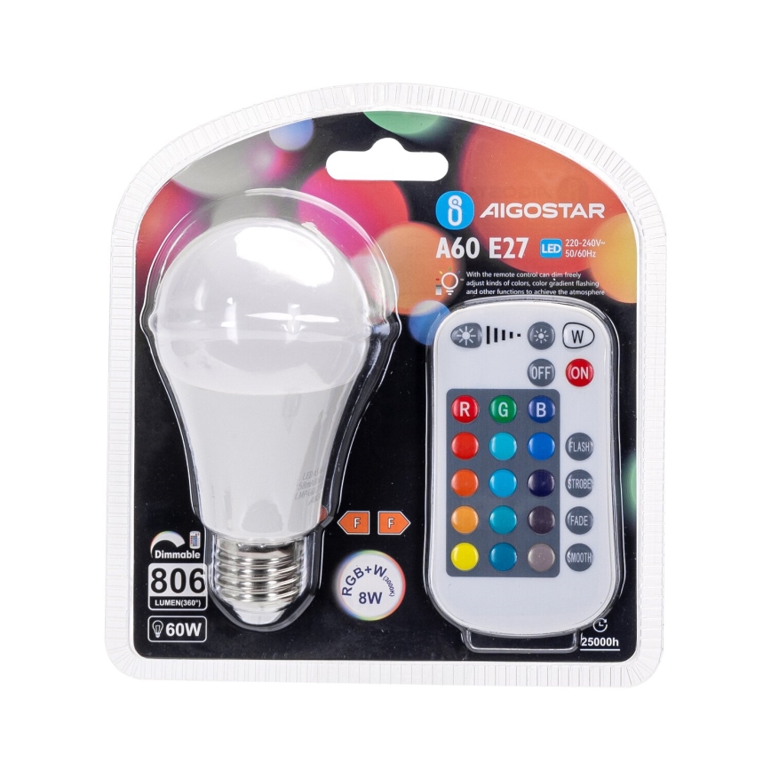 LED RGBW dimbare lamp E27/8W/230V 3000K + afstandsbediening - Aigostar
