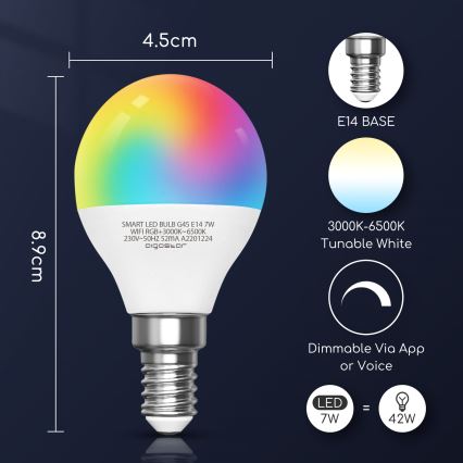 LED RGBW dimbare lamp G45 E14/7W/230V 3000-6500K Wi-Fi - Aigostar