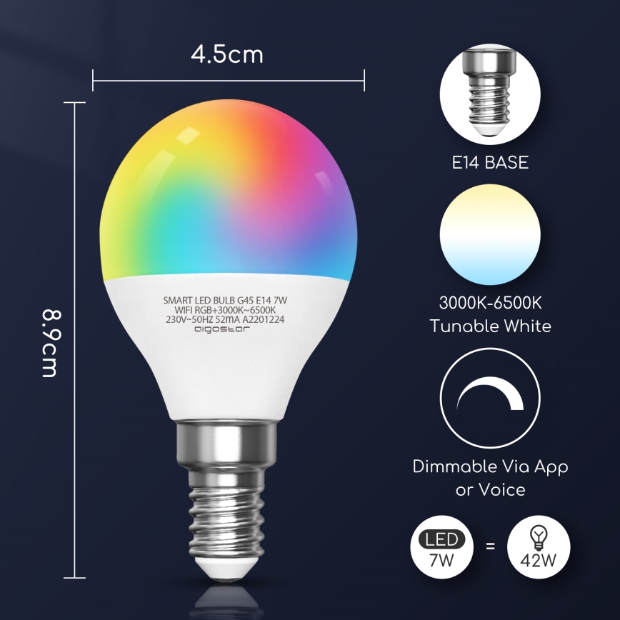 LED RGBW dimbare lamp G45 E14/7W/230V 3000-6500K Wi-Fi - Aigostar