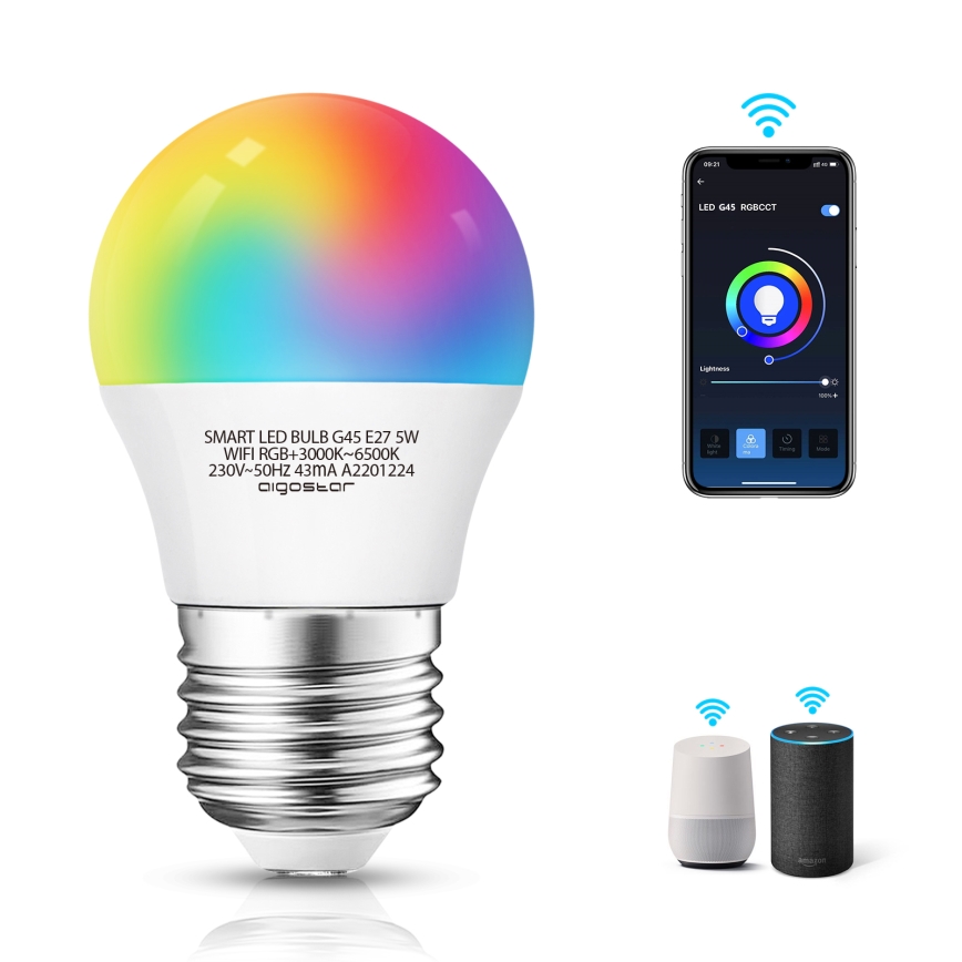 LED RGBW dimbare lamp G45 E27/5W/230V 3000-6500K Wi-Fi - Aigostar