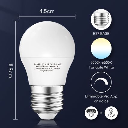 LED RGBW dimbare lamp G45 E27/5W/230V 3000-6500K Wi-Fi - Aigostar