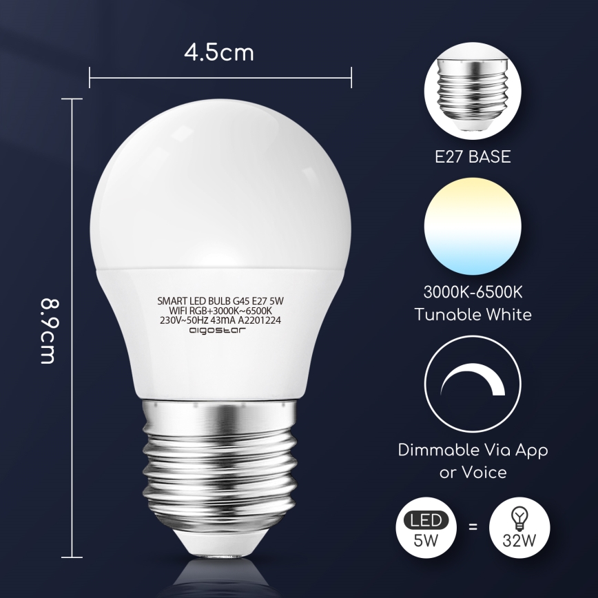 LED RGBW dimbare lamp G45 E27/5W/230V 3000-6500K Wi-Fi - Aigostar