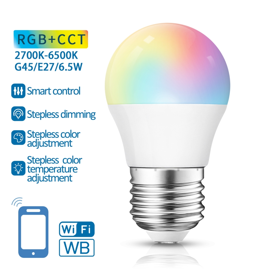 LED RGBW dimbare lamp G45 E27/6,5W/230V 2700-6500K Wi-Fi - Aigostar