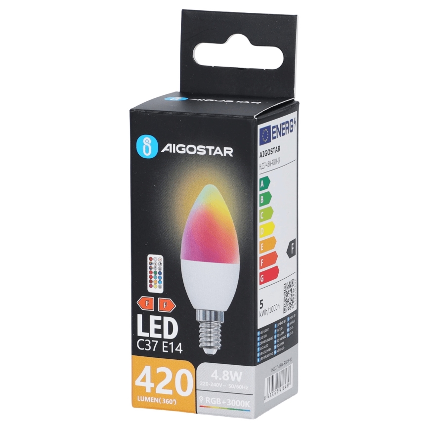 LED RGBW-lamp C37 E14/4,8W/230V 3000K + afstandsbediening - Aigostar