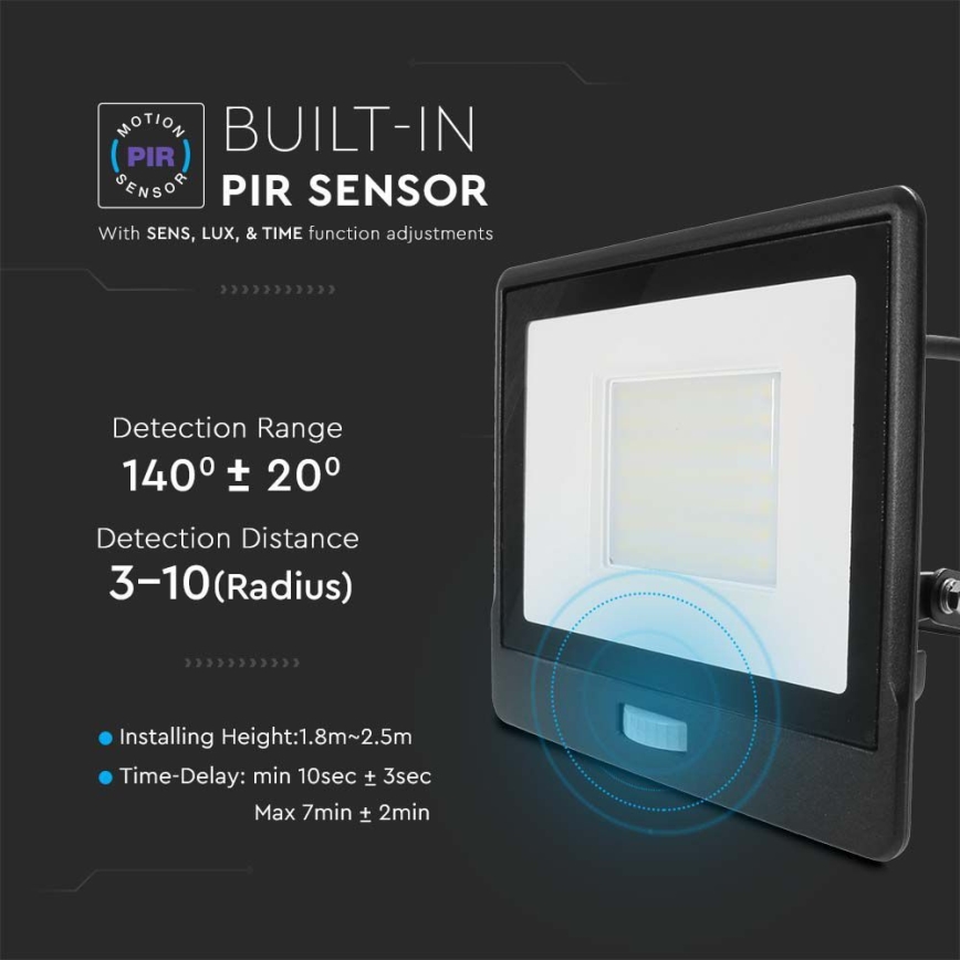 LED Schijnwerper met sensor LED/50W/230V 4000K IP65 zwart