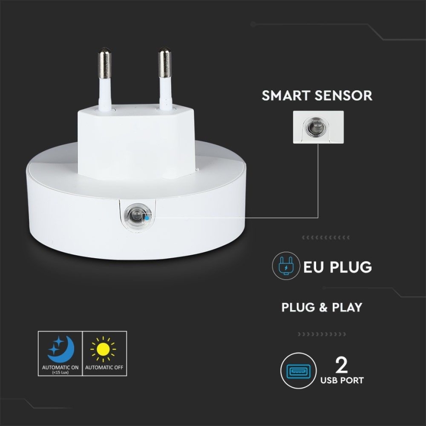 LED Socket nachtlampje met schemersensor 2xUSB LED/0,45W/230V 3000K