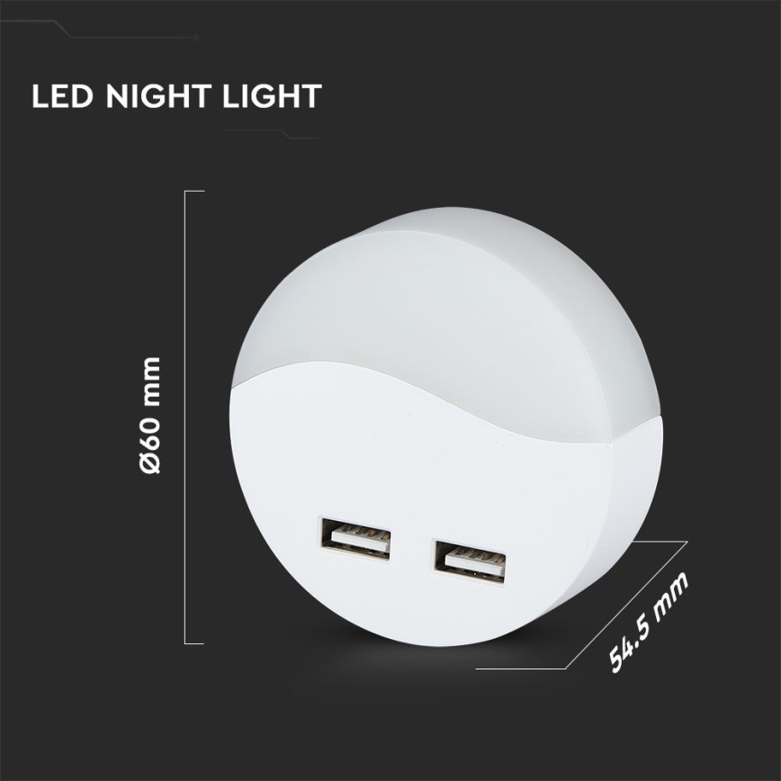 LED Socket nachtlampje met schemersensor 2xUSB LED/0,45W/230V 3000K