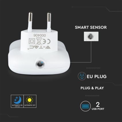 LED Socket nachtlampje met schemersensor 2xUSB LED/0,45W/230V 4000K
