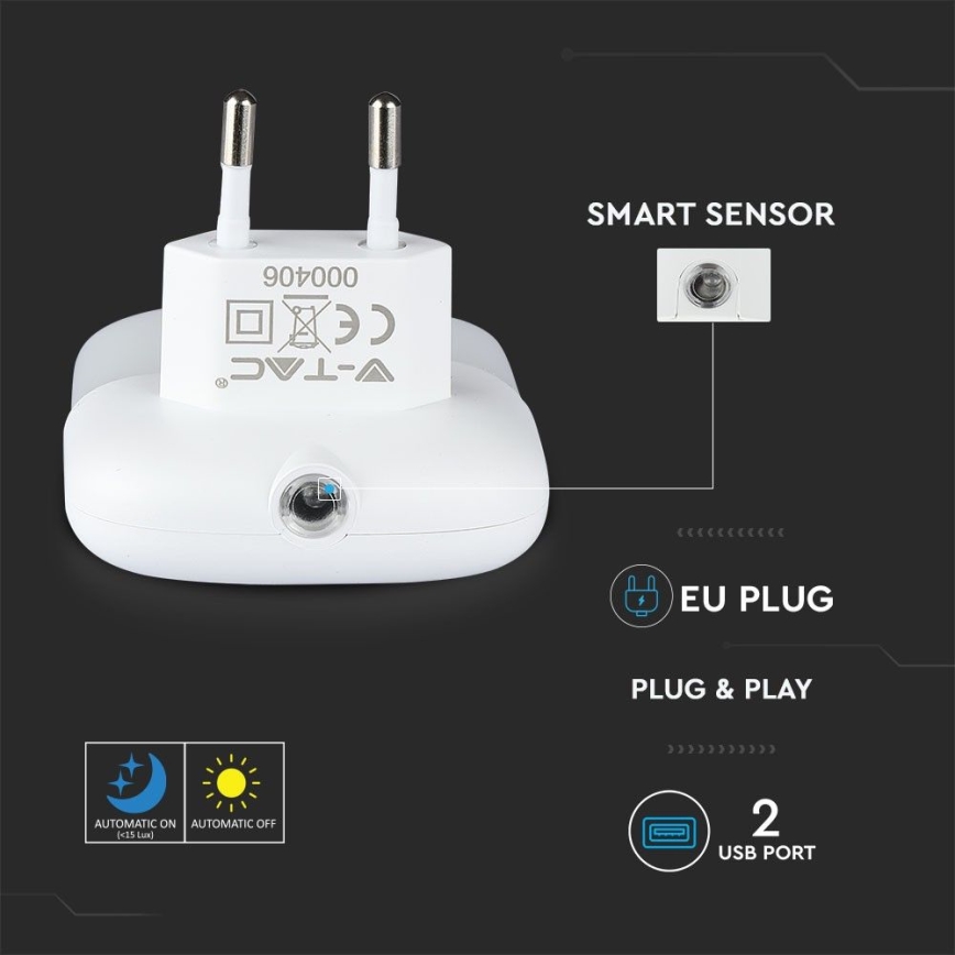 LED Socket nachtlampje met schemersensor 2xUSB LED/0,45W/230V 4000K