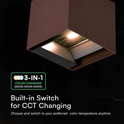 LED zonne-wandlamp met sensor, 9W, 3,7V, 3000/4000/5000K, IP65, 2600 mAh, bruin