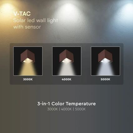 LED zonne-wandlamp met sensor, 9W, 3,7V, 3000/4000/5000K, IP65, 2600 mAh, bruin