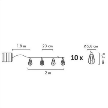 LED Solar buitenshuis ketting 10xLED/1,2V 300 mAh 3,8 m IP44