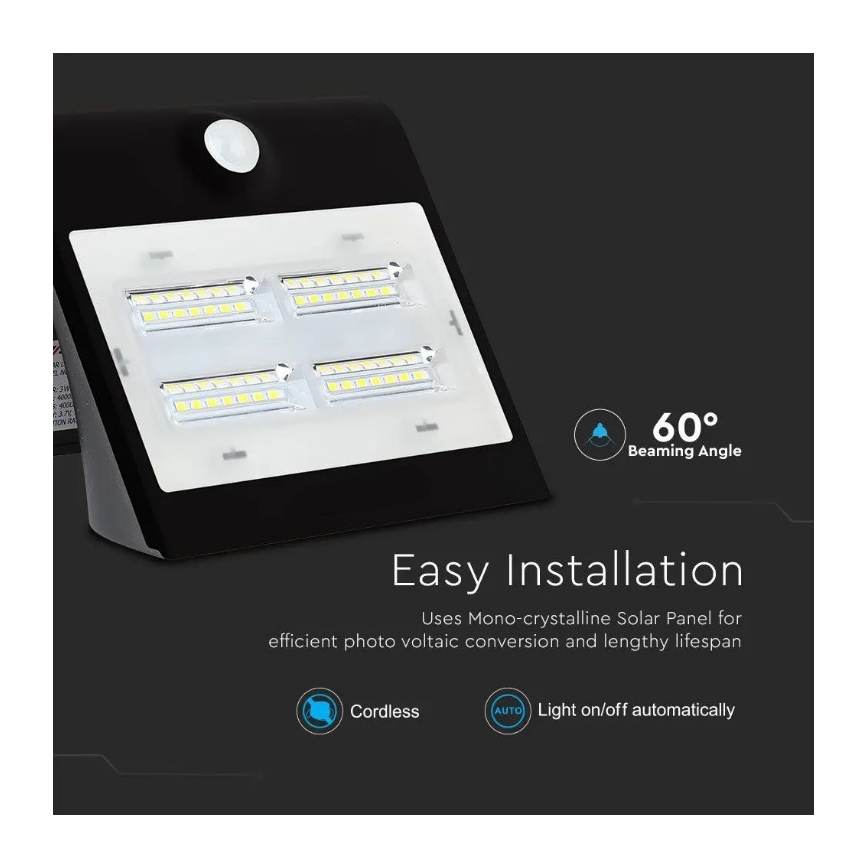 LED Solar wandlamp met sensor LED/3W/3,7V 3000/4000K IP65 zwart