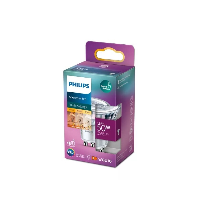 Philips SCENE SWITCH PAR16 GU10 LED-lamp, 4,8W/230V, 2200/2500/2700K — met 3 instelbare kleurtemperaturen