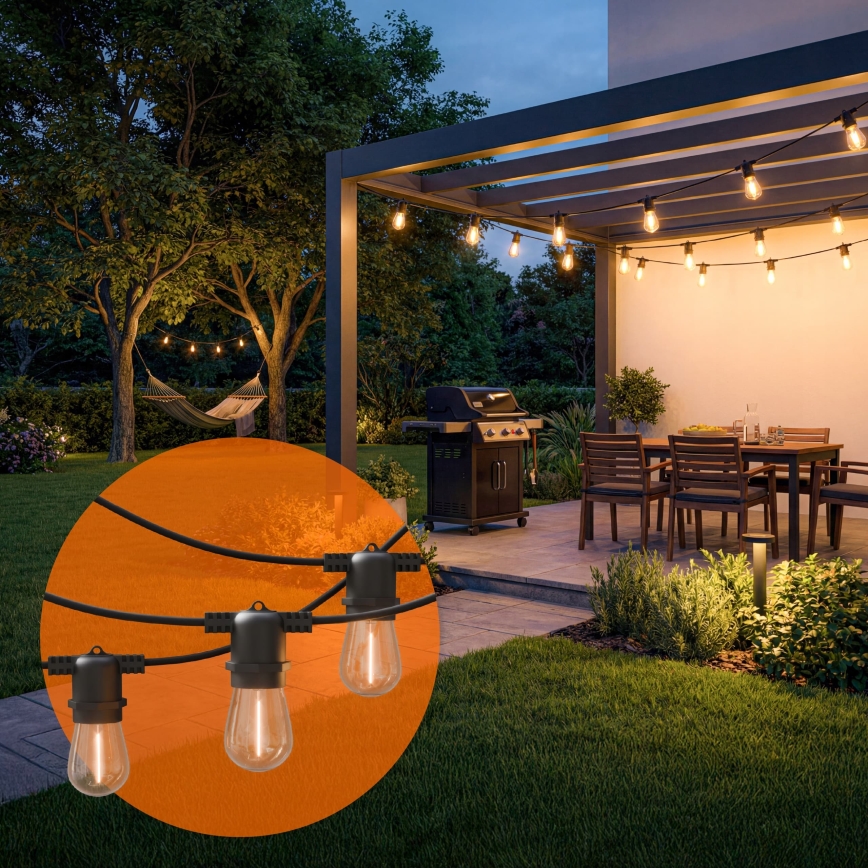 Dimbare LED decoratieve lichtsnoer op zonne-energie 10xE27/0,3W/3/5V USB 2400 mAh 10,62 m IP65 zwart + afstandsbediening