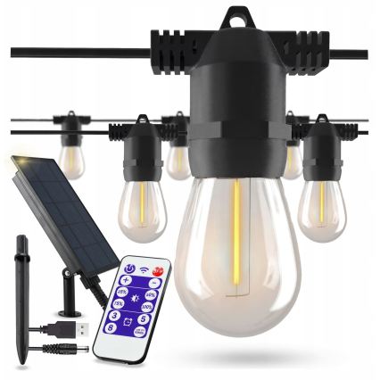 Dimbare LED decoratieve lichtsnoer op zonne-energie 10xE27/0,3W/3/5V USB 2400 mAh 10,62 m IP65 zwart + afstandsbediening