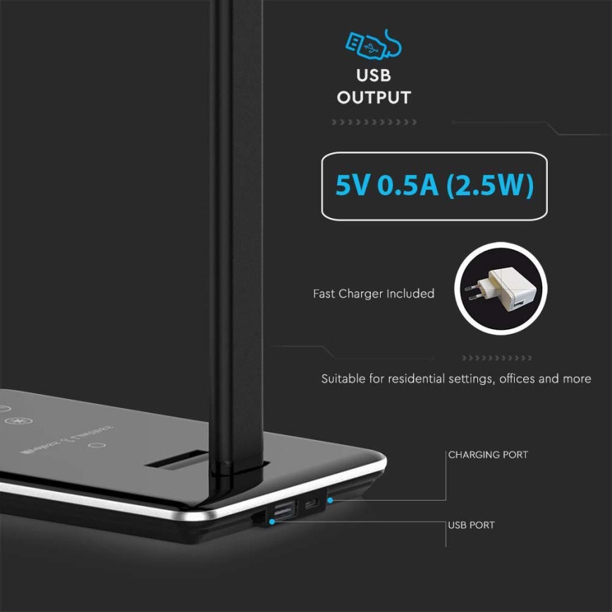 LED Dimbare Touch Tafellamp met Draadloos Opladen LED/4W/5V 3000-6500K USB Zwart