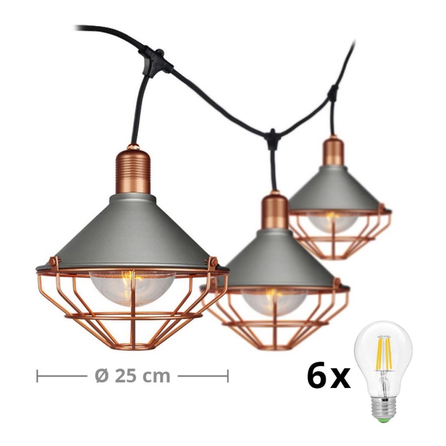 LED Tuin Hanglamp PREMIUM STRING 3m 6xE27/8W/230V IP65 grijs/brons