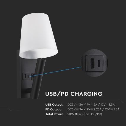 LED-wandlamp met USB-poort LED/2W/230V 3000K zwart/wit