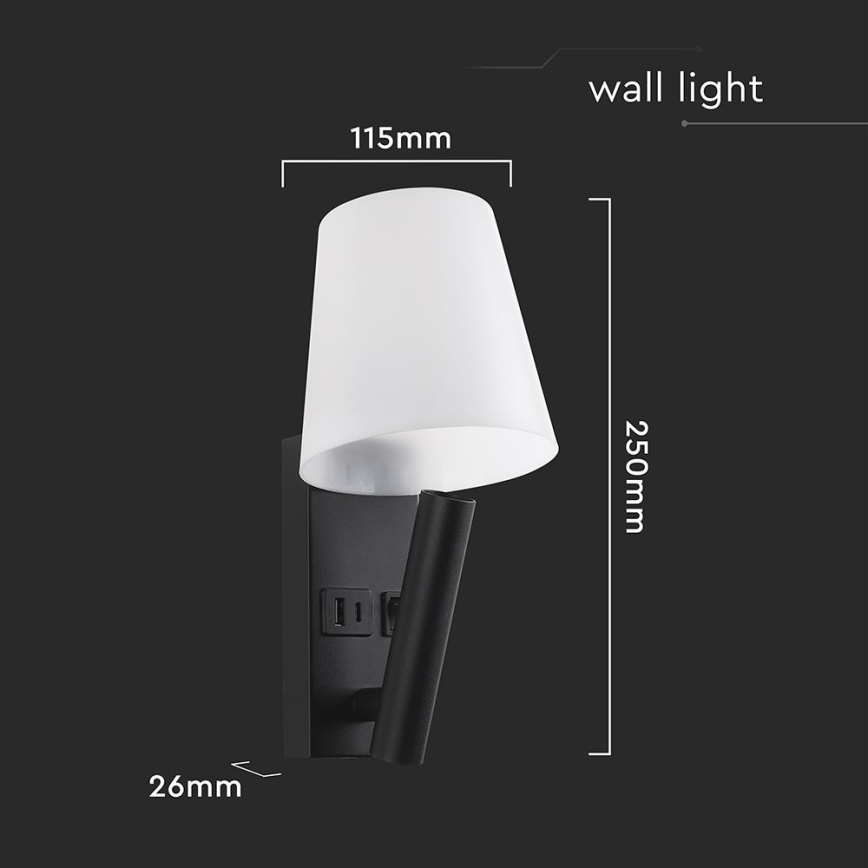 LED-wandlamp met USB-poort LED/2W/230V 3000K zwart/wit