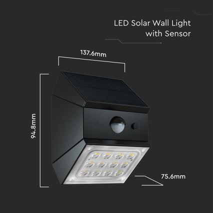 LED-wandlamp op zonne-energie met sensor LED/2,5 W/3,7 V 3000/4000/6000 K IP65 1200 mAh zwart